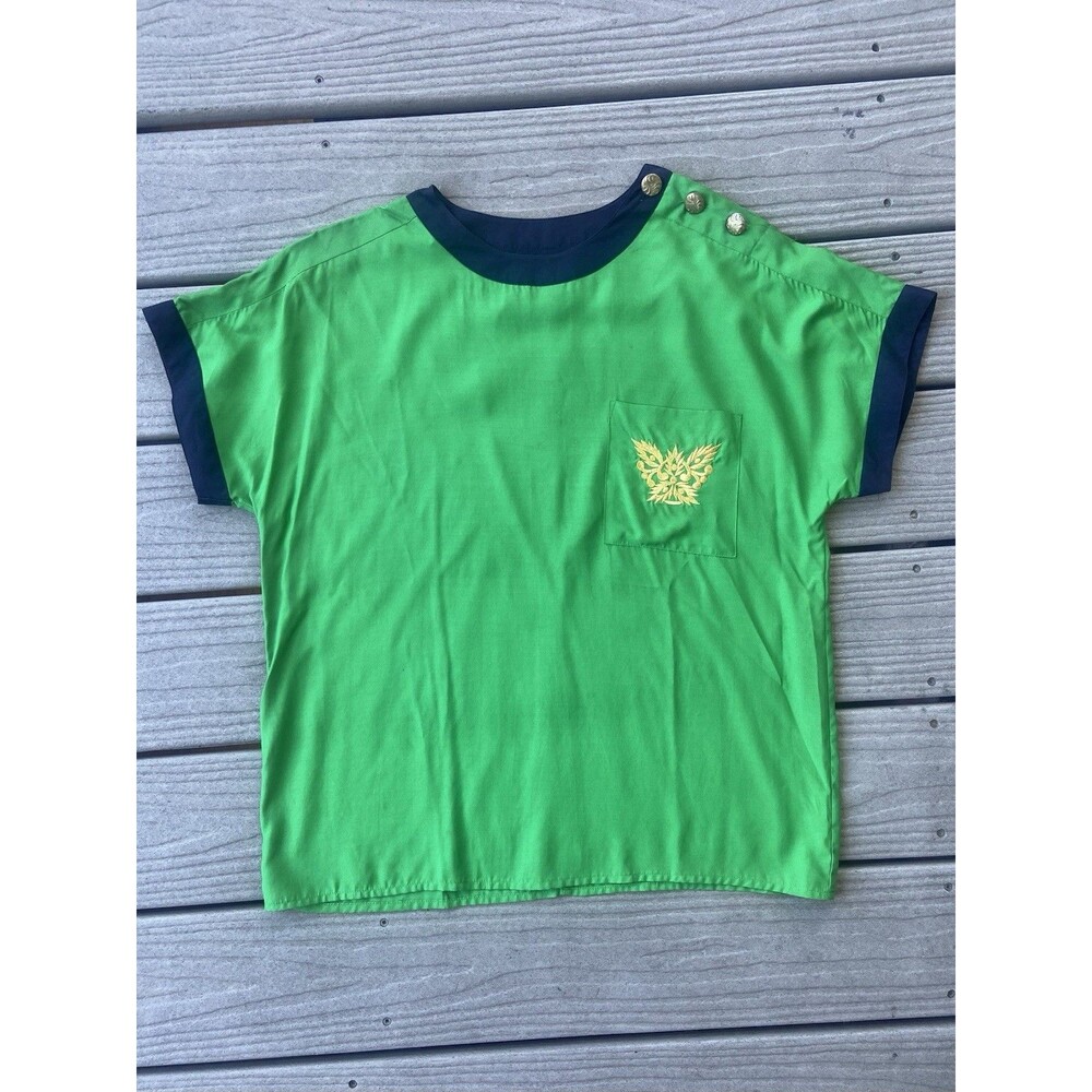Vintage SK & Company Women’s Size 10 Green Rayon Blouse Gold Embroidered Pocket